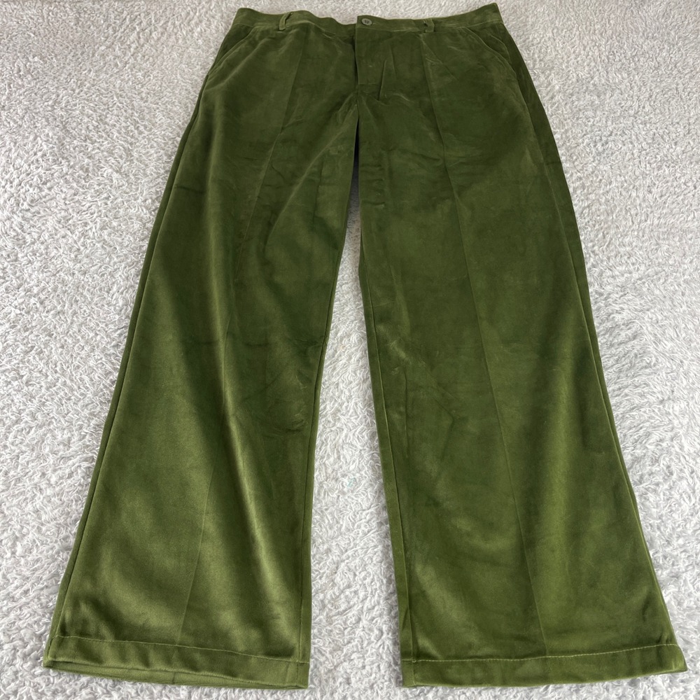 Ouku Mens Olive Green Velvet Wide Leg Trousers Size L Relaxed Fit Pants